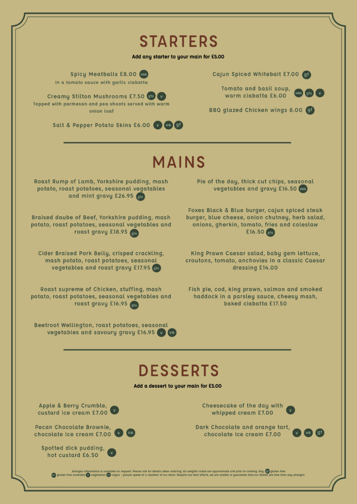 Sunday Menu Cross Foxes Erbistock