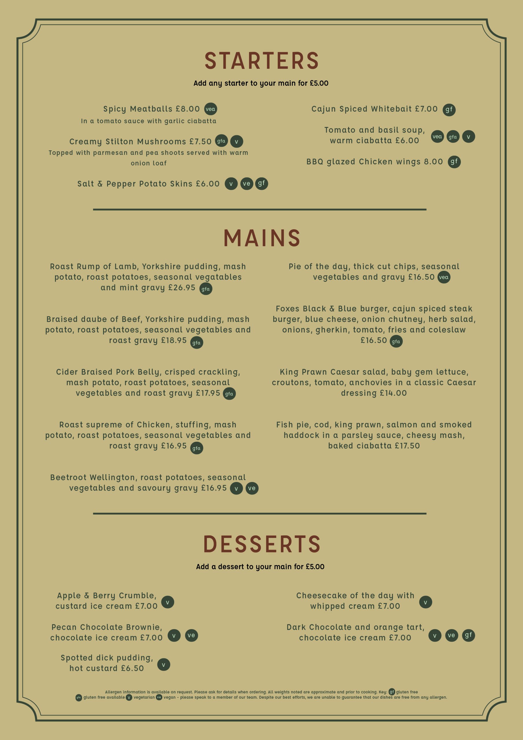 Sunday Menu - Cross Foxes - Erbistock